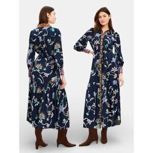 Navy Peacock Floral Midi Shirtdress Pleated Tie Waist Size 6 Office Career Chic